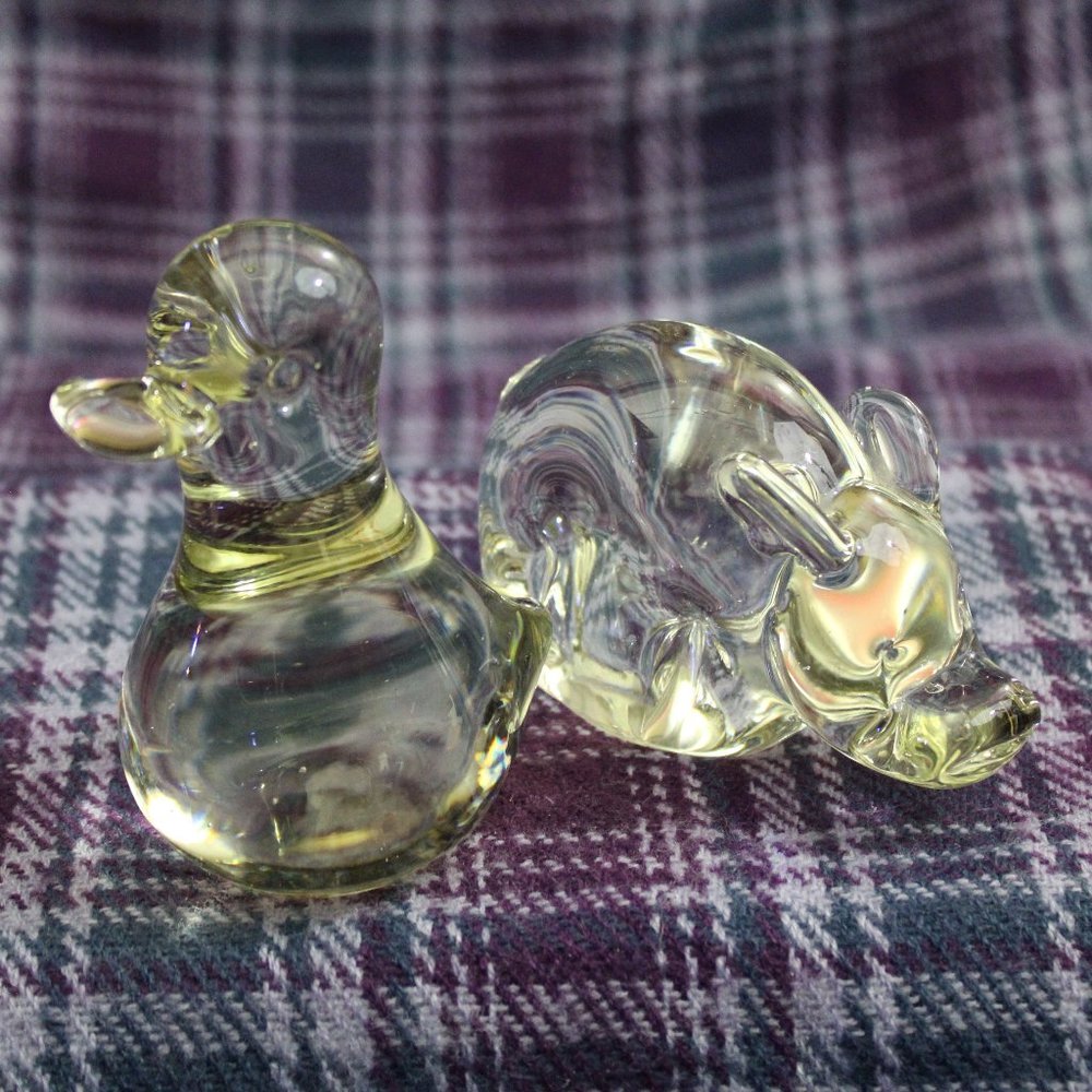 Set of Two Clear Art Glass Animal Figures Duck and HIppo